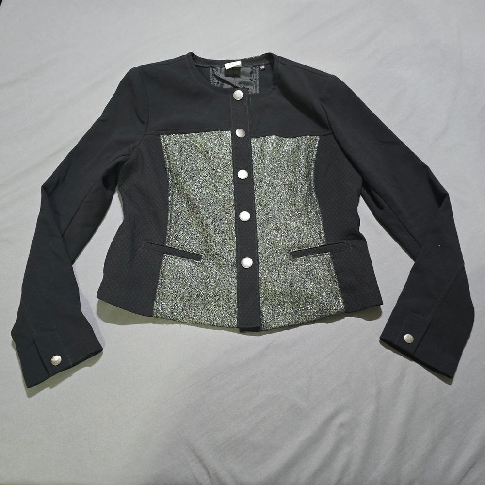 Cabi Blazer Women MD Black Metallic Tweed Panel Button Front Jacket 3036
